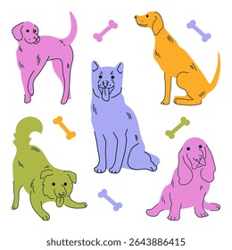Set of vector cute dog illustrations in minimalistic style. Doodle style. Children's style. Illustration. Flat art. Animals