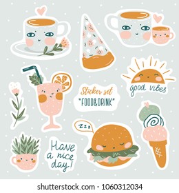 Conjunto de ilustraciones vectoriales lindas con elementos de diseño gráfico y texto. Diseño moderno para pegatinas para niños, impresión para pantalones en t.