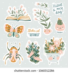 Set of vector cute doodles illustrations with text and graphic design elements. Trendy design for kid stickers, print for t-shirt.