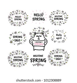 Set of Vector cute doodles spring illustrations with text and graphic design elements, fancy. Trendy collections. Color Floral add advertisement poster banner patch flayer