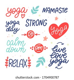 Set of vector cute doodles yoga theme words with graphic design elements. Trendy colorful design for stickers, print for t-shirt, badges, posters