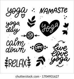 Set of vector cute doodles yoga theme words with graphic design elements. Trendy black design for stickers, print for t-shirt, badges