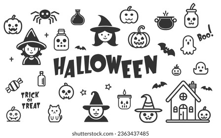 Set of vector cute elements for Halloween isolated on white. Witches, Dark Cute Wizard, potion pot, pumpkins, cat, bats, spider, ghosts, potions, candy, stars. Ideal for postcards, stickers, flyers.