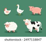 Set of vector cute farm animals chicken goose pig sheep cow