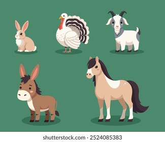 Set of vector cute farm animals rabbit  turkey goat donkey horse