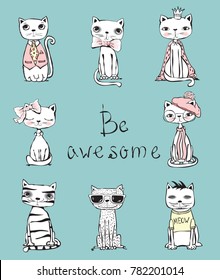 Set of vector cute funny cats for greeting card design, t-shirt print, inspiration poster.