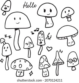 set of vector cute funny mushrooms White mushroom, chanterelles, honey agarics, champignons, amanita, morels. Witch potion ingredients set witch style mushroom icons