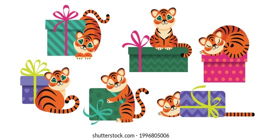 set of vector cute and funny tiger cubs with gift boxes, six options. clip art for congratulations on the new year and birthday.flat drawing in the cartoon style. stock vector illustration. EPS 10.