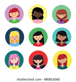 Set of vector cute girls. Different women. Colorful