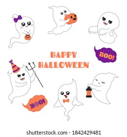 Set of vector cute Halloween ghosts.