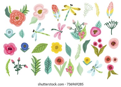 Set of vector cute hand drawn flowers and leaves.