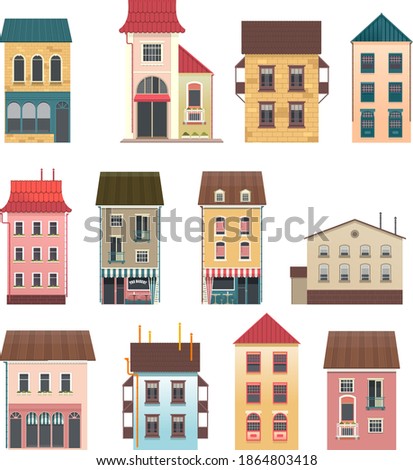 set of vector cute houses with several floors, with outbuildings and shops isolated on white background