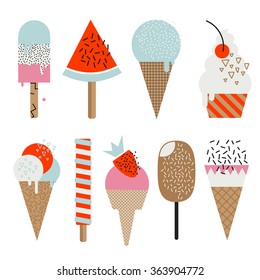 Set of vector cute ice creams in retro style