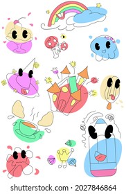 Conjunto de ilustraciones lindas vectoriales con elementos de diseño gráfico. Colecciones de caracteres de moda para pegatinas e impresiones para niños