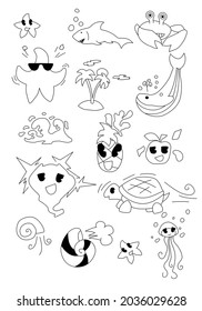 Set of vector cute illustrations with graphic design elements on the theme of the underwater world. Collections of fashionable characters for kids stickers, prints