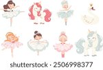 Set of vector cute illustrations on the theme of ballet. Cute ballerinas, swan and unicorns. 