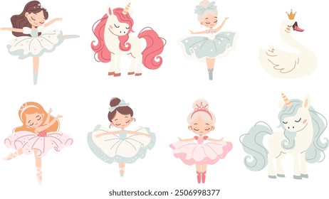 Set of vector cute illustrations on the theme of ballet. Cute ballerinas, swan and unicorns. 