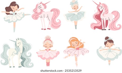 Set of vector cute illustrations on the theme of ballet. Cute ballerinas and unicorns. 