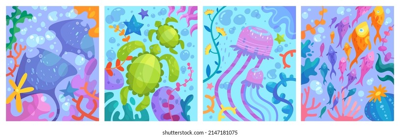 Conjunto de ilustraciones lindas vectoriales en el mundo submarino. Rayos eléctricos, tortugas, medusas y peces para cubrir, libros para niños, carteles y cuadernos