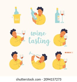 Set of vector cute illustrations for wine tasting. A cute man examines the wine for taste, drink, swirl, aroma. Isolated objects for design and graphics. Study of wines.