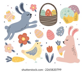 set of vector cute images Easter cute bunnies painted eggs and other holiday attributes