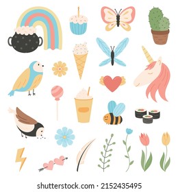Set of vector cute isolated elements, sweets, flowers, animals.