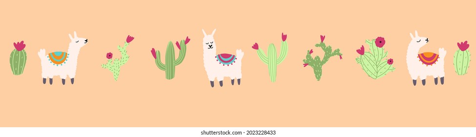 Set of vector cute lama and cactus in cartoon hand drawn childish style. Funny animal character for nursery, baby apparel, textile and product design, wallpaper, wrapping paper, card, scrapbooking