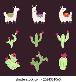 Set of vector cute lama and cactus in cartoon hand drawn childish style. Funny animal character for nursery, baby apparel, textile and product design, wallpaper, wrapping paper, card, scrapbooking