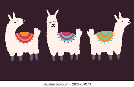 Set of vector cute lama in cartoon hand drawn childish style. Funny animal character for nursery, baby apparel, textile and product design, wallpaper, wrapping paper, card, scrapbooking
