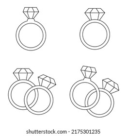 Set of vector cute line style engagement rings. Colored isolated ring on white background