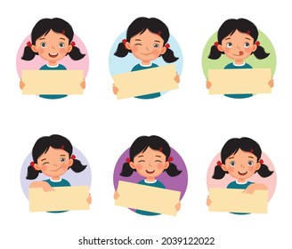 Set of vector cute little girl holding blank placards or posters in various facial expressions and hand finger gestures. Board sign with Empty space templates for text, banners and ads.