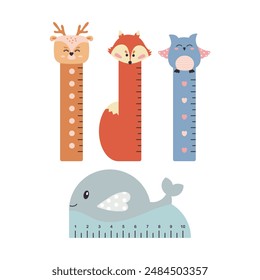 Set of vector cute measuring ruler. Kawaii school ruler with face of various cute animals. Hand drawn illustration isolated on white background. Flat design 