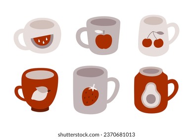 Set of vector cute mugs with fruit illustrations