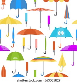 Set of vector cute multicolor umbrellas in flat design style seamless pattern. Closed and open fashion icons. Cover accessory. Modern style. Protection from rain and sun