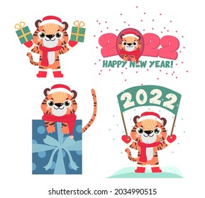 conjunto de vectores tigres adorables de Año Nuevo con sombrero de Año Nuevo, guantes y botas, con regalos y copos de nieve y los regalos de Año Nuevo.