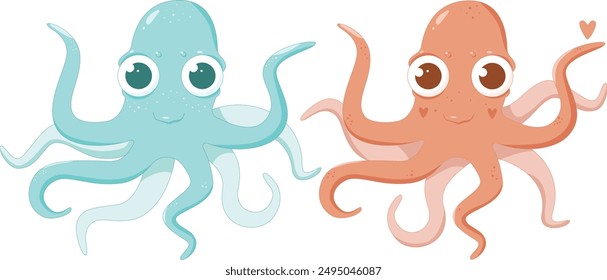  Set of vector cute octopuses. Baby octopuses with drops children's illustration. Octopus character blue and orange.