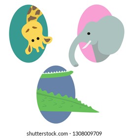 Set of vector cute portraits of giraffe, elephant and crocodile in cartoon style on white background.
