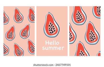 Set of vector cute posters with fruits. Trendy hand drawn papaya textures. Modern abstract design for paper, cover, fabric, interior decor and other users.