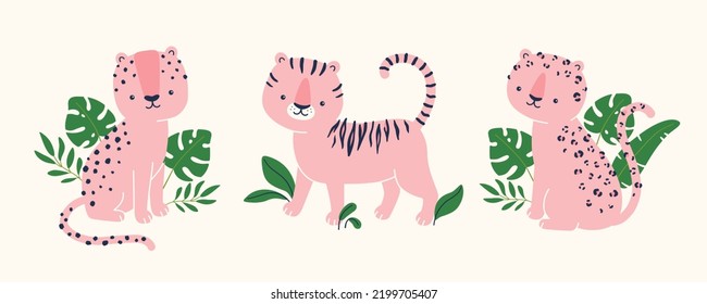 Eine Reihe von Vektorgrafik-süßen Ausdrucken mit Tierfiguren - Cheetah, Tiger und Leopard mit tropischen Blättern. Einzeln auf weißem Hintergrund. Kaltfarbpalette