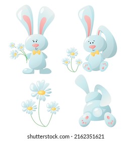 Set of vector cute rabbit with chamomile