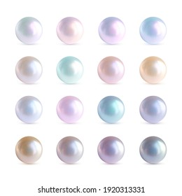 Set of Vector Cute Realistic Multicolored Pearls. Isolated on White Background. 3d Nacre Illustrations.