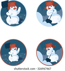 Set of vector cute round avatars of snowman cleansing snow around him with shovel. Dark blue and orange colors. Illustration, isolated on white.