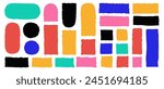 Set of vector cute rounded and square torn paper forms. Hand drawn wobbly line frame shapes. Vibrant sketchy curved rectangles, circles and arches. Information box kids sticker loose edges backgrounds