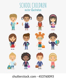 Set of vector cute school children isolated on white background. Different nationalities and dress styles pupils.