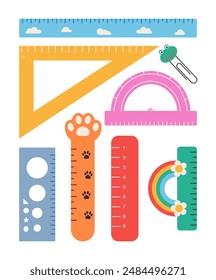 Set of vector cute school rulers. Collection of school supplies, stationery. Ruler, Triangle Ruler, Protractor. Hand drawn illustration isolated on white background. Flat design vector