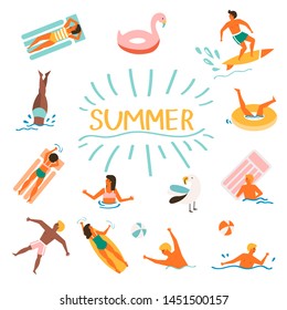 Set of vector cute summer icons: peoples swimming, flamingos, tropical flowers, ice cream, palm leaves, fruits and things for swimming at the beach . Bright summertime poster.