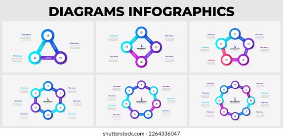 Conjunto de infografías del ciclo vectorial. Círculo con flechas. Plantilla de presentación con 3, 4, 5, 6, 7 y 8 opciones.