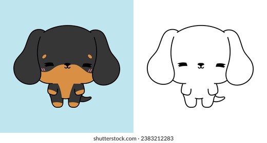 Set Vector Dachshund Dog Multicolored and Black and White. Kawaii Clip Art Puppy. Cute Vector Illustration of a Kawaii Baby Pet for Stickers, Baby Shower, Coloring Pages. 