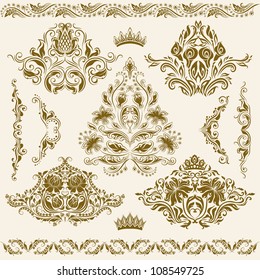 Set of vector damask ornaments. Floral elements, borders, corners for design. Page decoration.