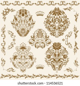 Set of vector damask ornaments. Floral elements, borders, corners for design. Page decoration.